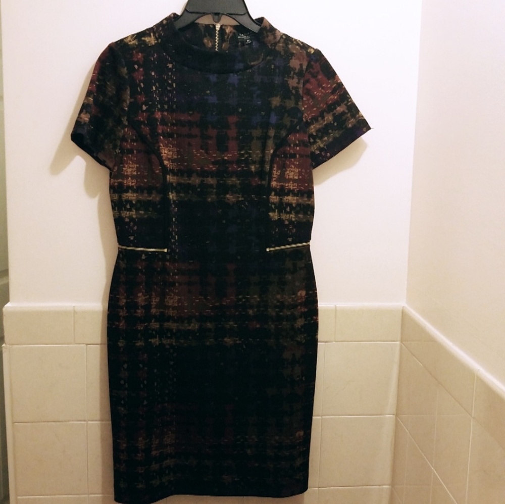 Tahari MultiColor Plaid Mock Neck Sheath Dress NEW